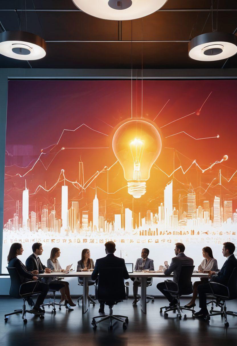 A dynamic scene depicting a diverse group of business professionals engaged in a collaborative meeting, surrounded by charts and graphs indicating growth. Include a large light bulb overhead symbolizing ideas and innovation, with a backdrop of a modern city skyline. Emphasize a sense of teamwork and strategic planning, with warm colors to evoke positivity and success. vibrant colors. super-realistic.