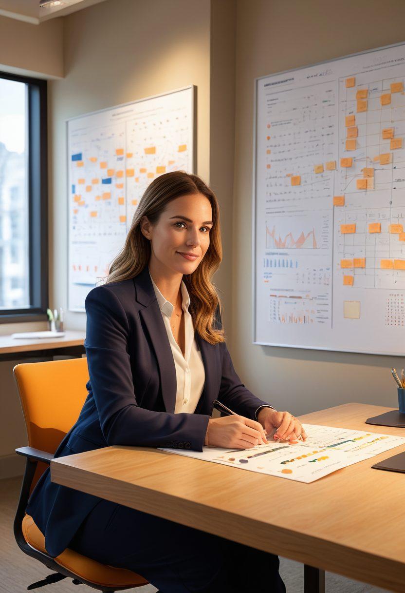 A serene and inspiring office environment showcasing a confident consultant at a sleek desk, surrounded by strategic charts, glowing light bulbs symbolizing bright ideas, and diverse clients engaged in discussion. Highlight the essence of professionalism and collaboration with a warm color palette. minimalistic design. super-realistic. vibrant colors.