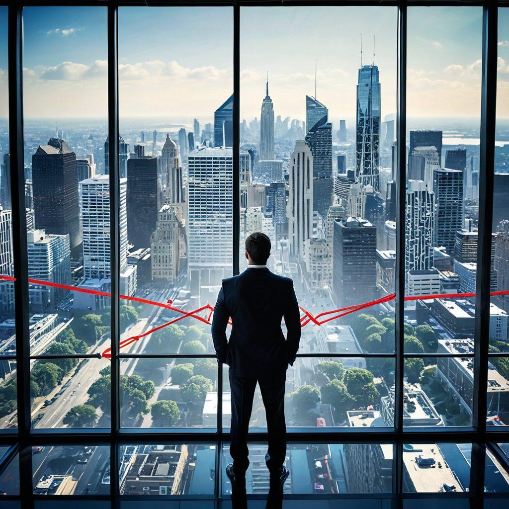 A confident business consultant guiding a diverse group of corporate professionals through a maze of growth strategies, with arrows and graphs symbolizing progress. The setting showcases a modern office with a large window revealing a bustling cityscape. Emphasize collaboration and strategic thinking through facial expressions and gestures. super-realistic. vibrant colors. modern style.
